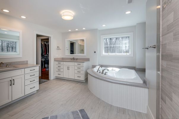 Bathroom, Dual Sink Vanities, Interior, Recessed Lighting, Wood Texture Flooring