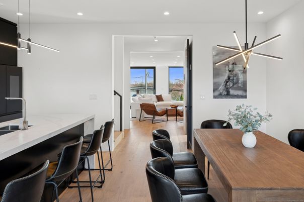 Dining room, Interior, Pendant Lights, Recessed Lighting, Wood Texture Flooring