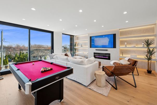 Billiard Table, Fireplace, Game Room, Interior, Living room, Recessed Lighting, Wood Texture Flooring