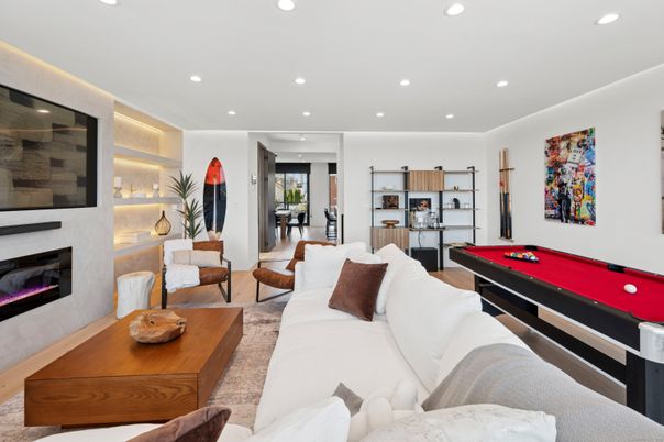 Billiard Table, Fireplace, Game Room, Interior, Living room, Recessed Lighting