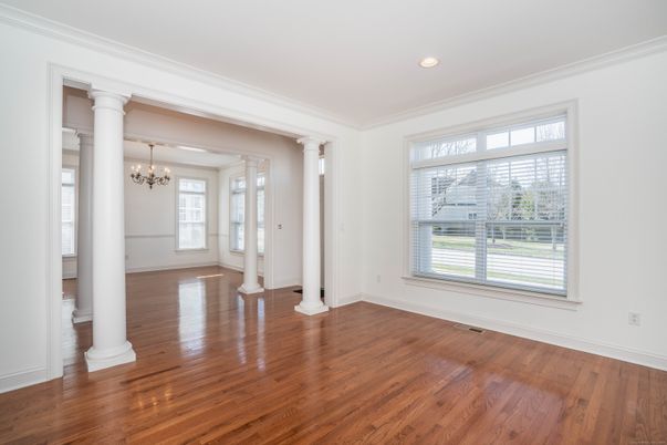 Chandelier, Empty room, Interior, Recessed Lighting, Wood Texture Flooring