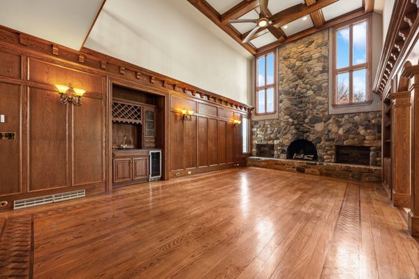 Empty room, Fireplace, Interior, Wooden Beams, Wood Texture Flooring, Wooden Walls