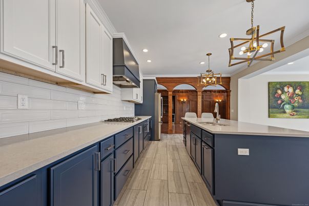 Chandelier, Interior, Kitchen, Pendant Lights, Recessed Lighting, Wood Texture Flooring