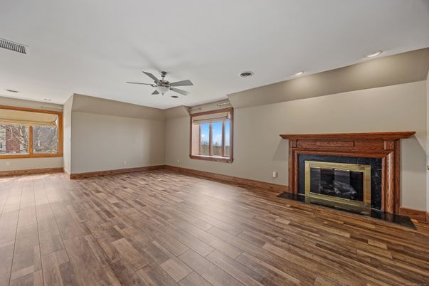 Empty room, Fireplace, Interior, Recessed Lighting, Wood Texture Flooring