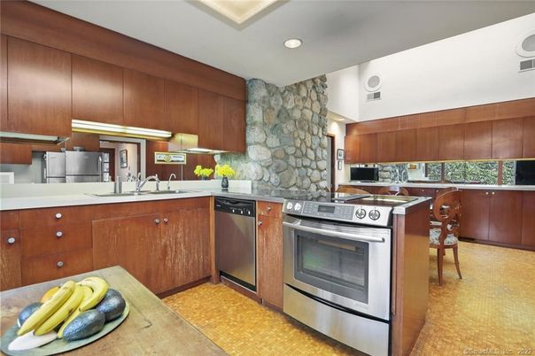Interior, Kitchen, Recessed Lighting, Stainless Steel Appliances, Stone Walls