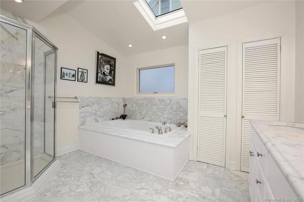 Bathroom, Glass Shower, Interior, Marble, Marble Walls, Recessed Lighting