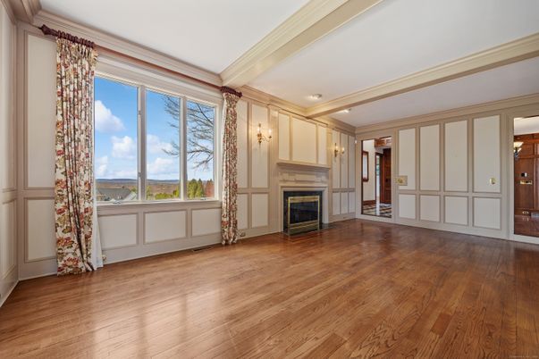 Empty room, Fireplace, Interior, Recessed Lighting, Wood Texture Flooring