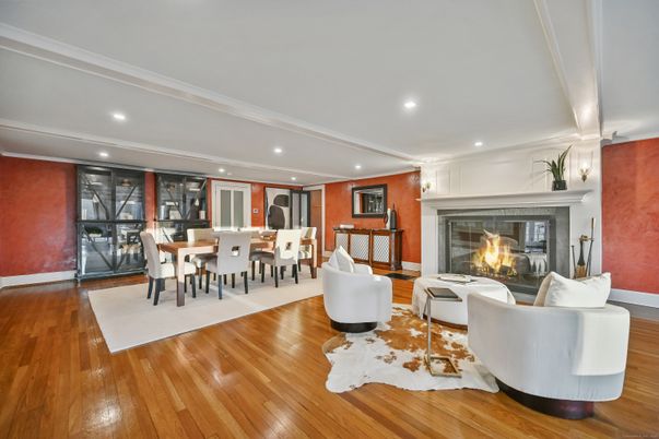 Dining room, Fireplace, Interior, Living room, Pendant Lights, Recessed Lighting, Wood Texture Flooring