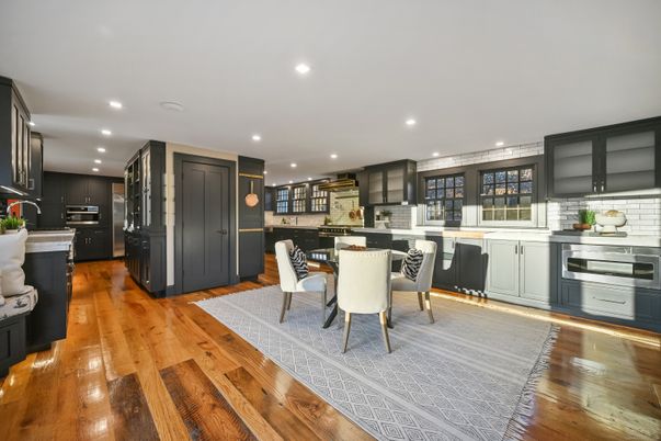 Dining room, Interior, Kitchen, Recessed Lighting, Stainless Steel Appliances, Wood Texture Flooring