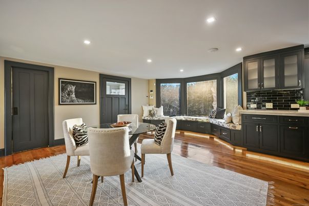 Dining room, Interior, Recessed Lighting, Wood Texture Flooring