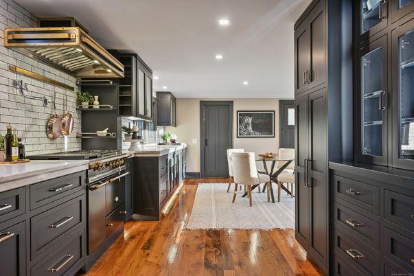 Dining room, Interior, Kitchen, Recessed Lighting, Stone Walls, Wood Texture Flooring