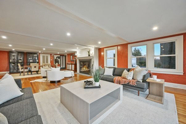 Dining room, Fireplace, Interior, Living room, Recessed Lighting, Wood Texture Flooring