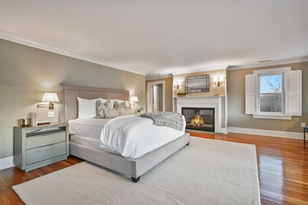 Bedroom, Fireplace, Interior, Wood Texture Flooring