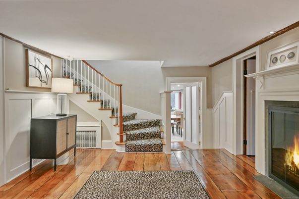 Fireplace, Interior, Recessed Lighting, Wood Texture Flooring