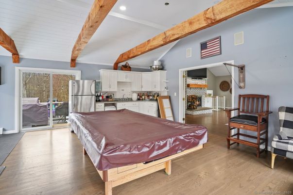 Fireplace, Interior, Kitchen, Recessed Lighting, Wooden Beams, Wood Texture Flooring