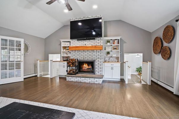 Fireplace, Interior, Recessed Lighting, Wood Texture Flooring
