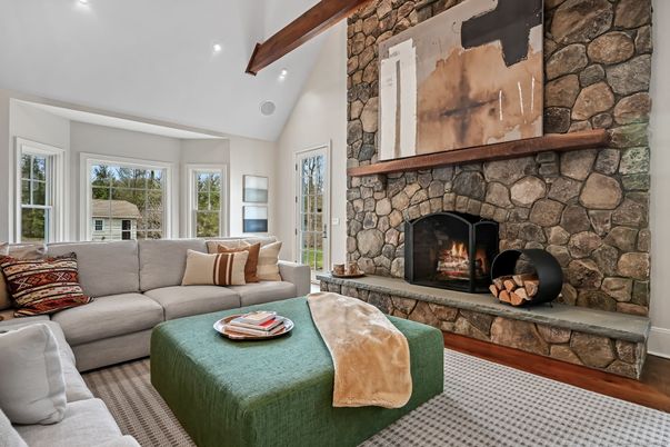 Fireplace, Interior, Living room, Recessed Lighting, Stone Walls, Wooden Beams