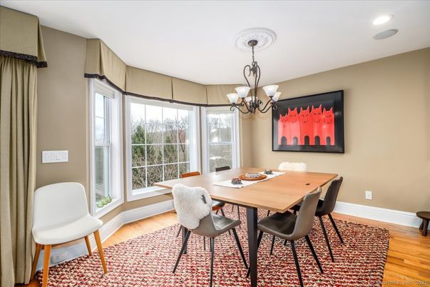 Chandelier, Dining room, Interior, Recessed Lighting, Wood Texture Flooring