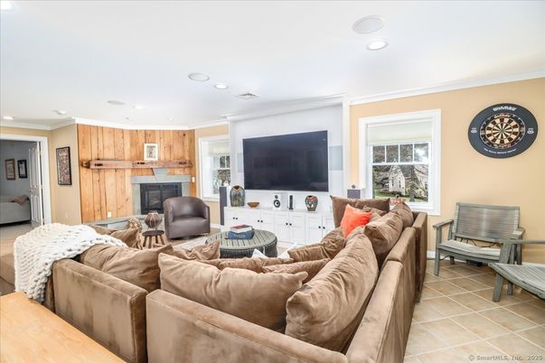 Fireplace, Interior, Living room, Recessed Lighting, Wooden Walls