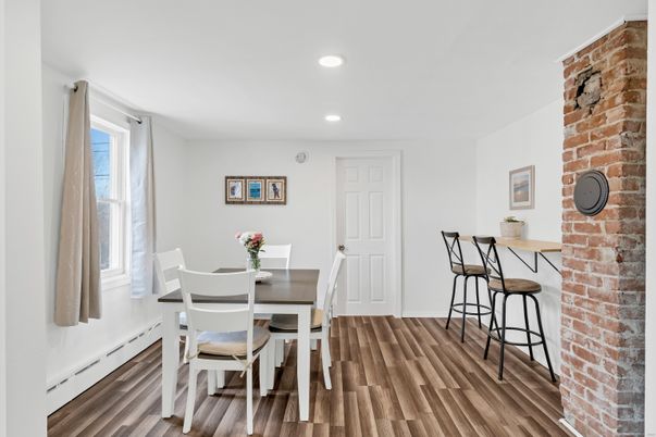 Dining room, Interior, Recessed Lighting, Stone Walls, Wood Texture Flooring