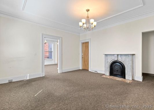 Chandelier, Empty room, Fireplace, Interior