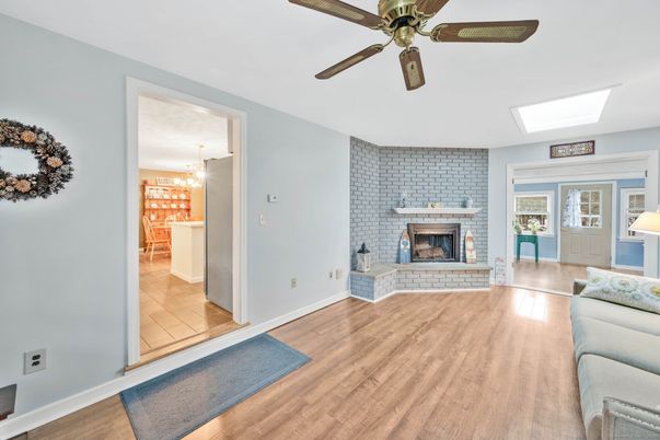 Chandelier, Fireplace, Interior, Stone Walls, Wood Texture Flooring