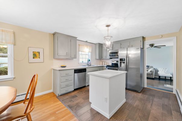 Interior, Kitchen, Pendant Lights, Stainless Steel Appliances, Wood Texture Flooring