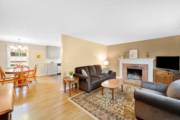 Chandelier, Dining room, Fireplace, Interior, Living room, Wood Texture Flooring