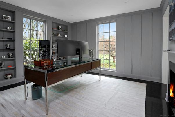 Fireplace, Home Office, Interior, Recessed Lighting, Wood Texture Flooring