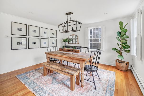 Dining room, Interior, Pendant Lights, Wood Texture Flooring