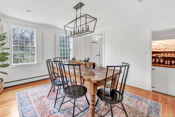 Dining room, Interior, Pendant Lights, Recessed Lighting, Wood Texture Flooring