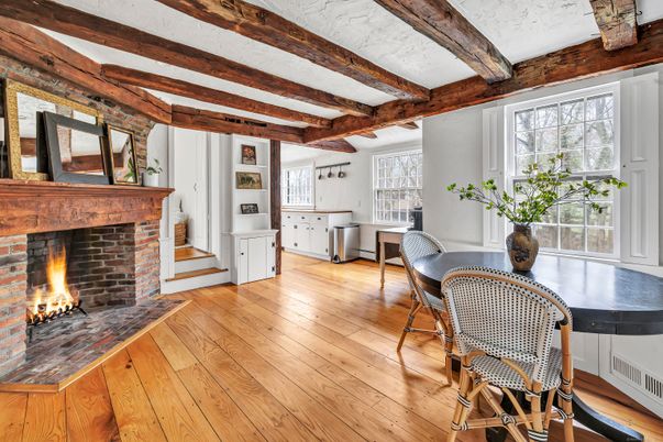Dining room, Fireplace, Interior, Wooden Beams, Wood Texture Flooring