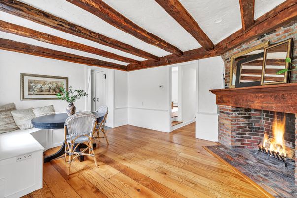 Dining room, Fireplace, Interior, Wooden Beams, Wood Texture Flooring