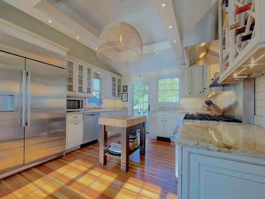 Chandelier, Interior, Kitchen, Recessed Lighting, Stainless Steel Appliances, Wood Texture Flooring