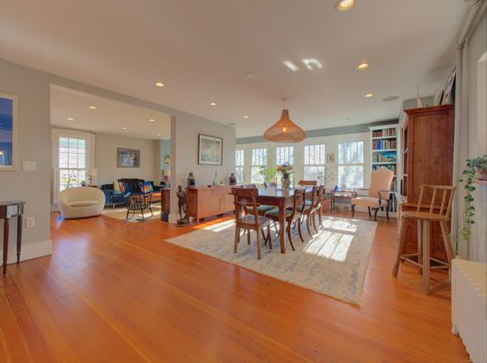 Dining room, Interior, Living room, Recessed Lighting, Wood Texture Flooring