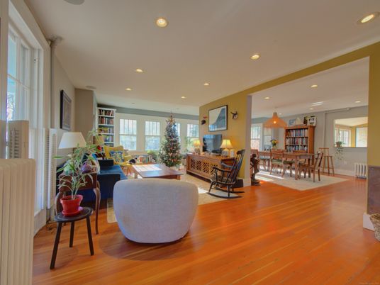 Dining room, Interior, Living room, Pendant Lights, Recessed Lighting, Wood Texture Flooring