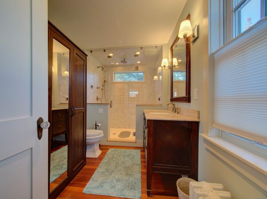 Bathroom, Glass Shower, Interior, Wood Texture Flooring