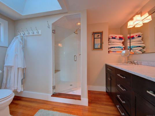Bathroom, Glass Shower, Interior, Wood Texture Flooring