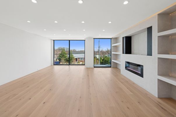 Empty room, Fireplace, Interior, Recessed Lighting, Wood Texture Flooring