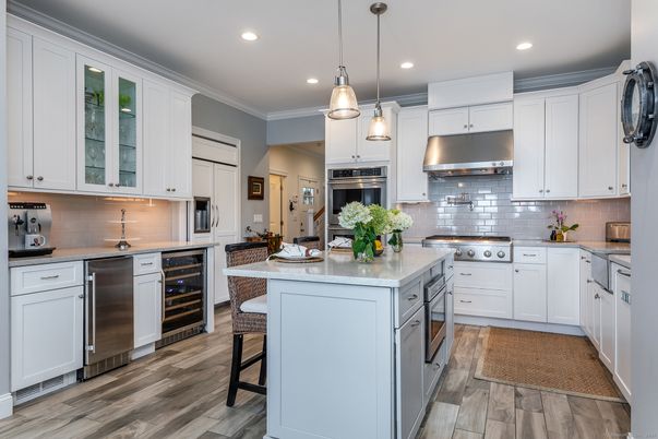 Interior, Kitchen, Pendant Lights, Recessed Lighting, Stainless Steel Appliances, Wood Texture Flooring