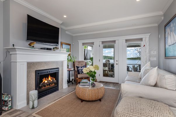 Fireplace, Interior, Living room, Recessed Lighting, Water, Wood Texture Flooring