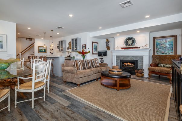 Dining room, Fireplace, Interior, Kitchen, Living room, Pendant Lights, Recessed Lighting, Wood Texture Flooring