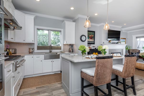 Fireplace, Interior, Kitchen, Pendant Lights, Recessed Lighting, Stainless Steel Appliances, Wood Texture Flooring