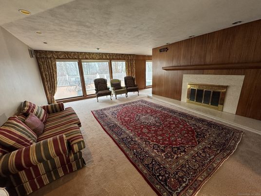 Fireplace, Interior, Living room, Recessed Lighting, Wooden Walls
