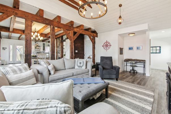 Chandelier, Dining room, Interior, Living room, Pendant Lights, Wooden Beams, Wood Texture Flooring