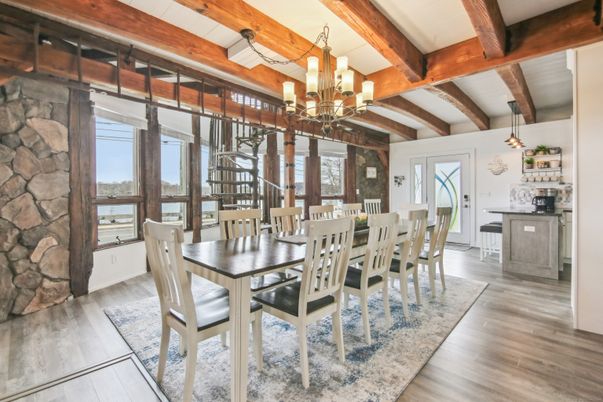 Chandelier, Dining room, Interior, Pendant Lights, Stone Walls, Wooden Beams, Wood Texture Flooring