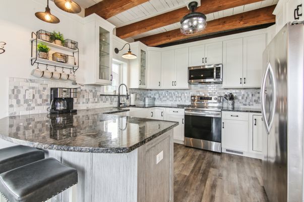 Interior, Kitchen, Pendant Lights, Stainless Steel Appliances, Wooden Beams, Wooden Ceilings, Wood Texture Flooring