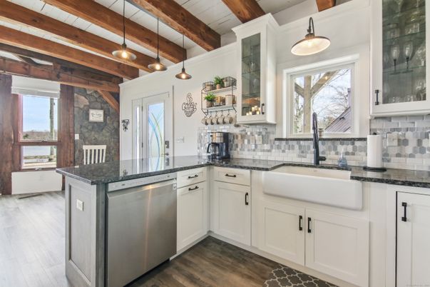 Interior, Kitchen, Pendant Lights, Stainless Steel Appliances, Wooden Beams, Wood Texture Flooring