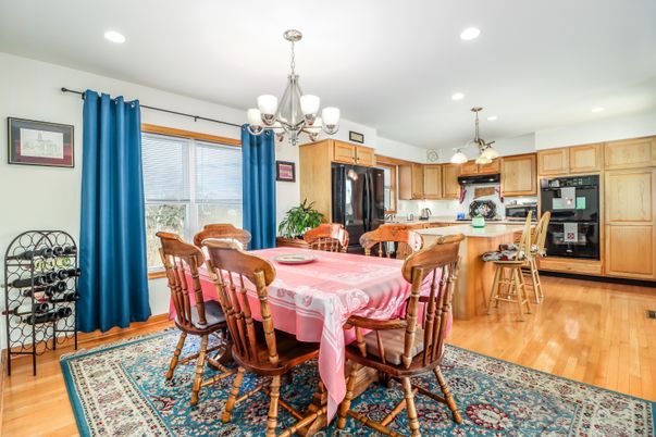 Chandelier, Dining room, Interior, Kitchen, Recessed Lighting, Wood Texture Flooring