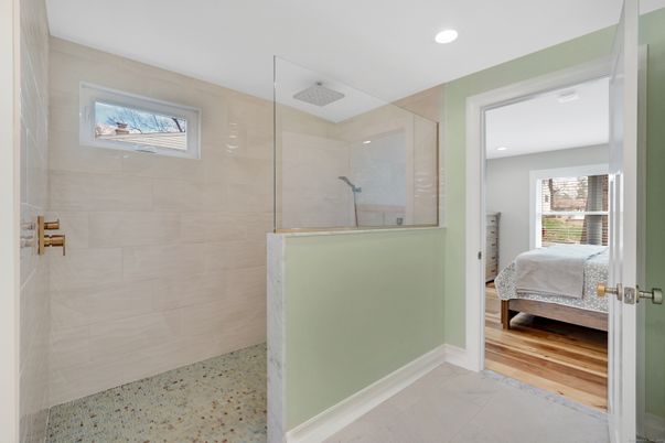 Bathroom, Bedroom, Glass Shower, Interior, Recessed Lighting, Wood Texture Flooring